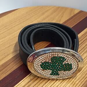 Rhinestone Shamrock Buckle Silver Creek Genuine Leather Belt Mens 36 Black USA